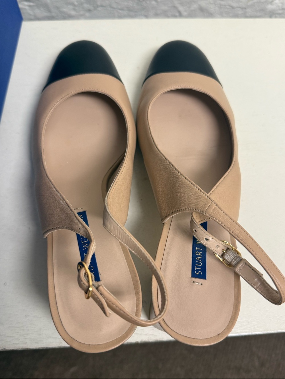 Stuart Weitzman Beige and Black Two-Tone Slingback Heels - Picture 11 of 13